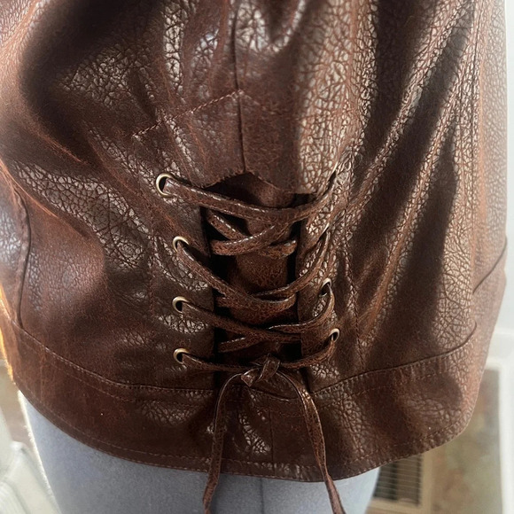 M By Marc Bouwer Sz M Brown Faux Leather Jacket Coat Side Lace up Leopard lining - Picture 6 of 16